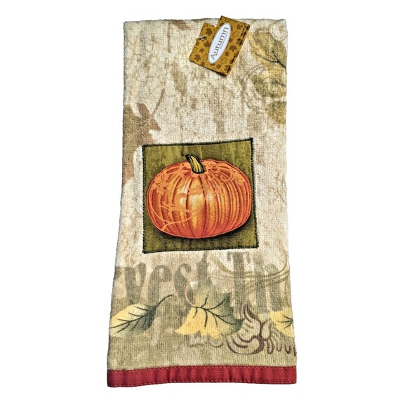 Harvest Time Kitchen Towel Appliqued Pumpkin Print Fall Leaves 1pc Gift NEW - Picture 1 of 5